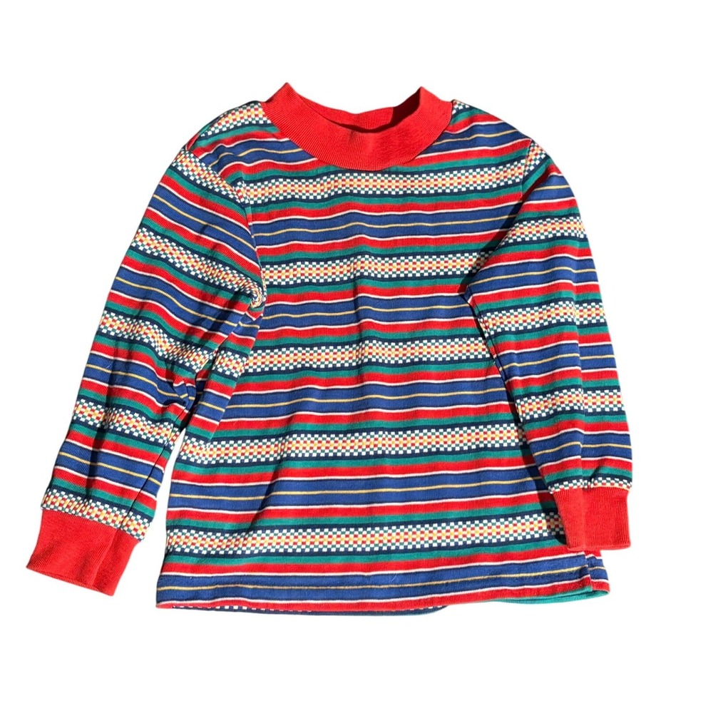 Vintage 90s Kids Striped Checkered Mock Neck Shirt Multi Color Fits 4T